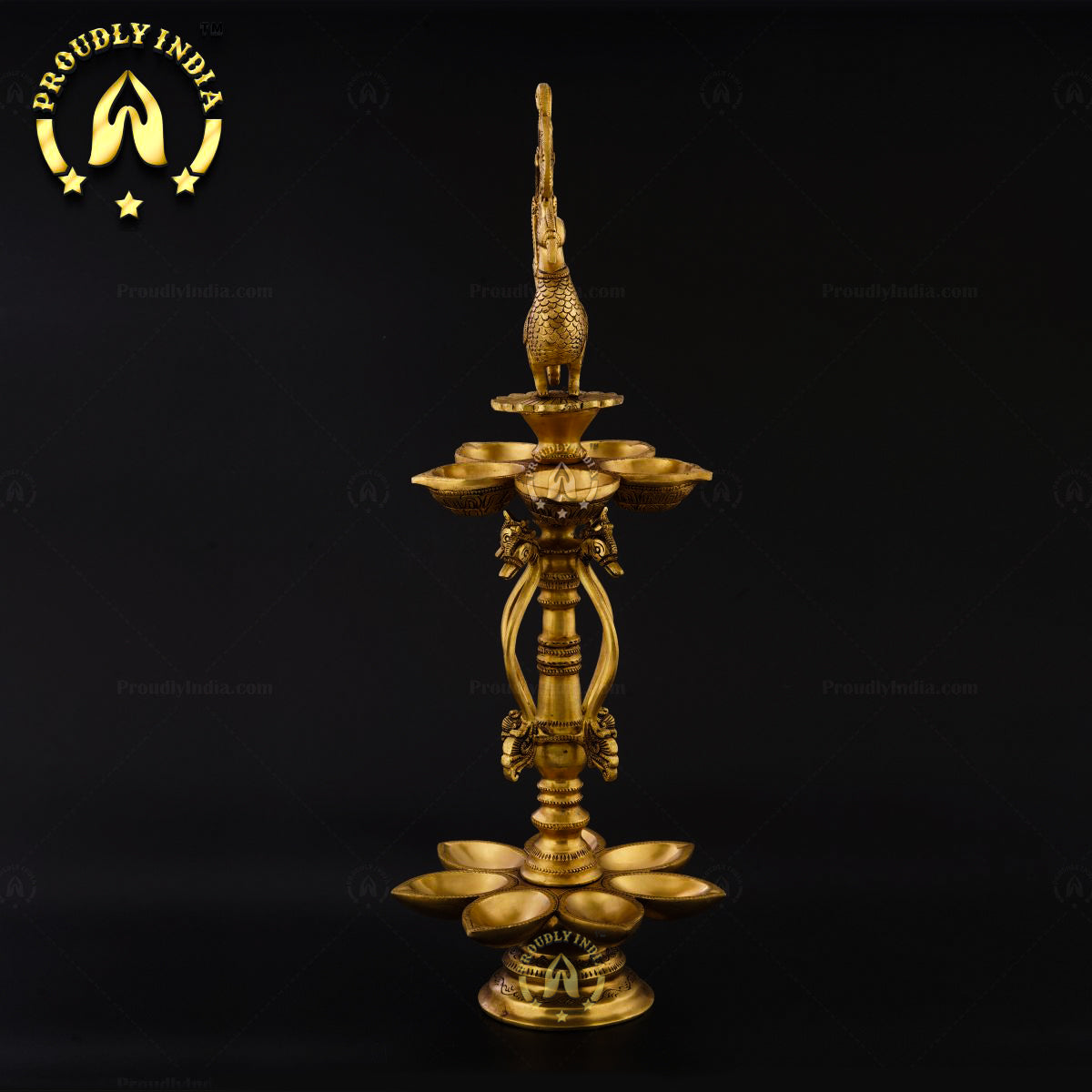 Traditional Brass Handmade Twelve-Wick Peacock Lamp with Stand Set of 2