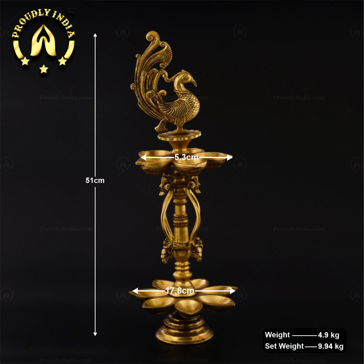 Traditional Brass Handmade Twelve-Wick Peacock Lamp with Stand Set of 2