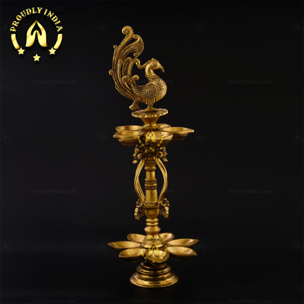 Traditional Brass Handmade Twelve-Wick Peacock Lamp with Stand Set of 2