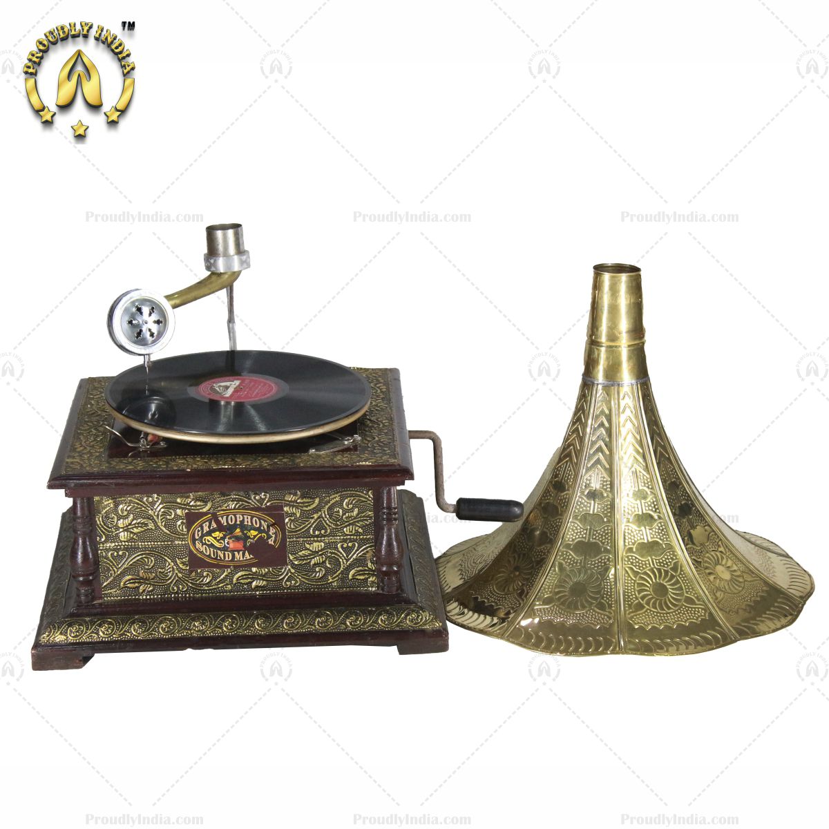 Vintage Music Player With Brass Engraved Horn
