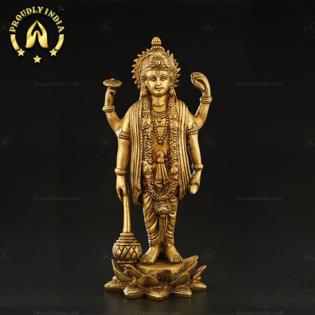 Brass Lord Bhagwan Vishnu Narayan Idol Holding Gada On Lotus Statue