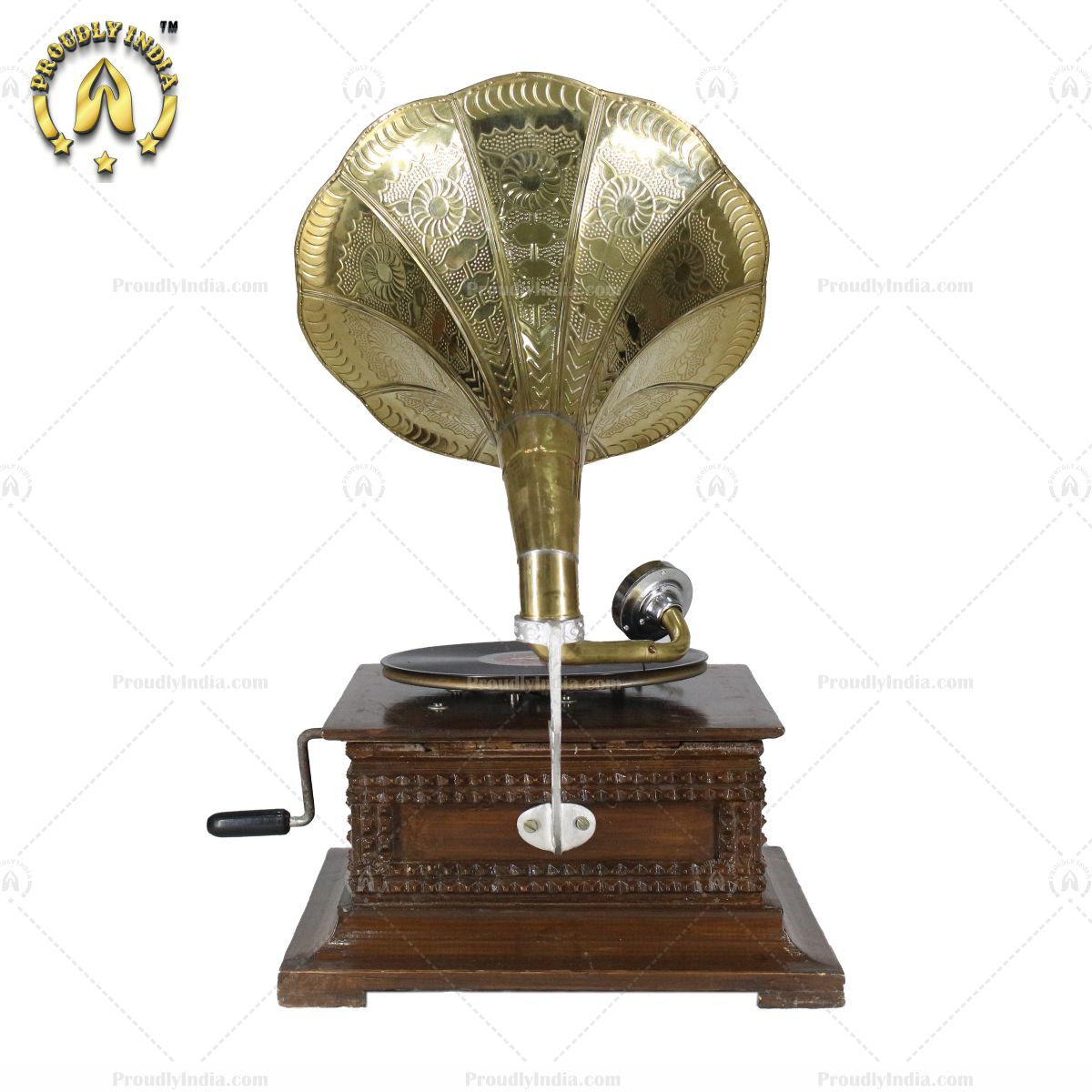 Wooden Bullet Carving Gramophone With Gold Horn