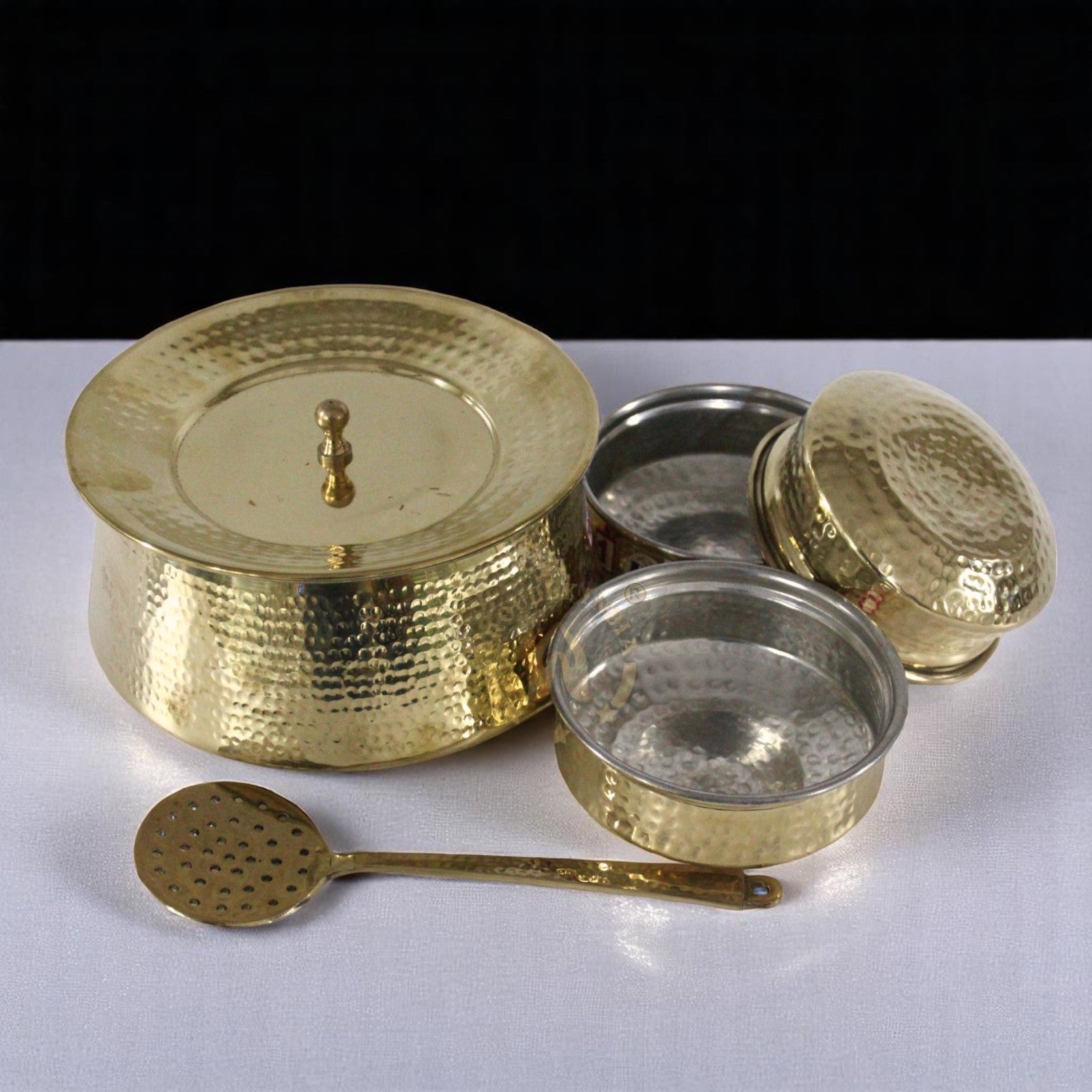 4 Liter Brass Biriyani Handi with Brass Serving Bowl Set and Ladle