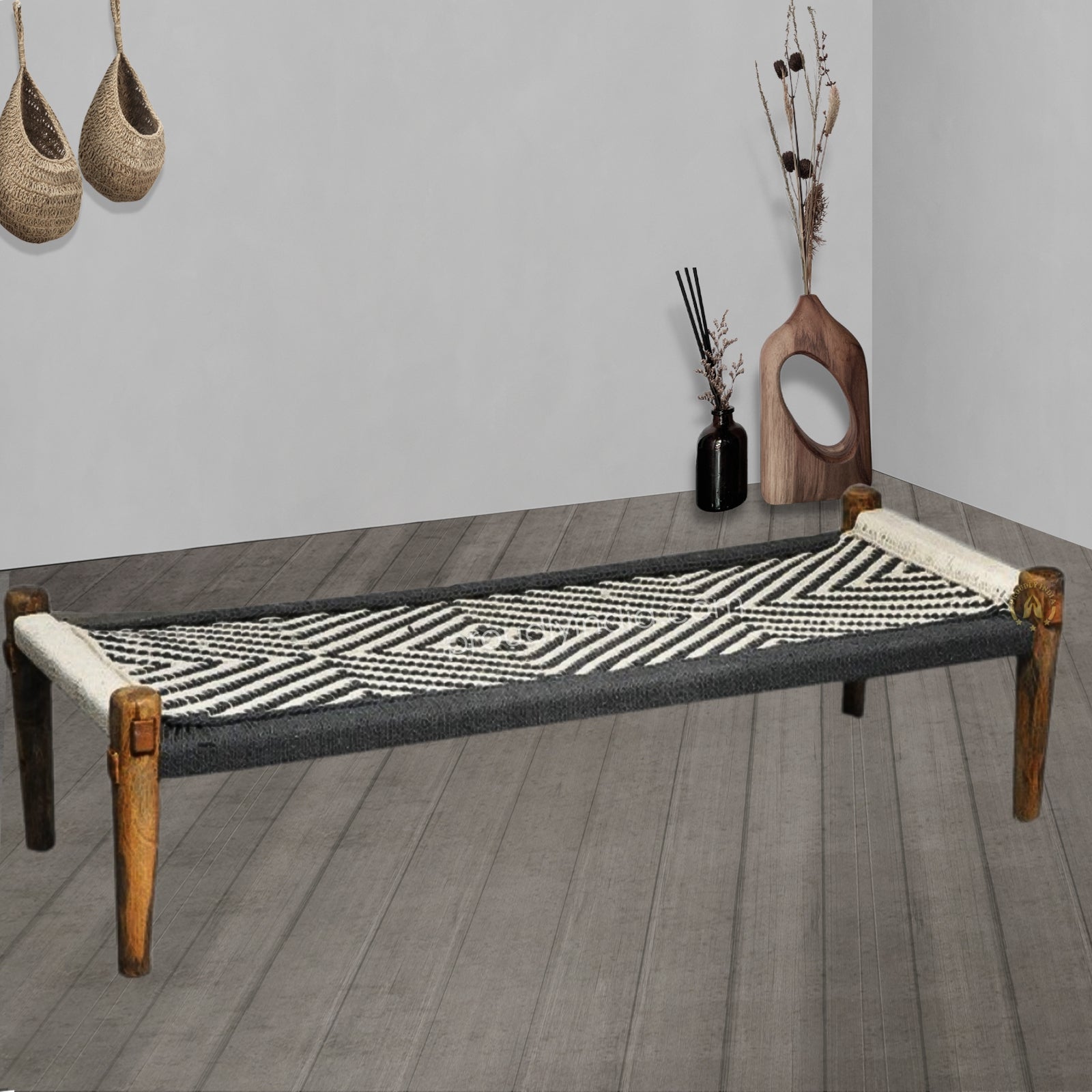 Grey And White wooden Charpai