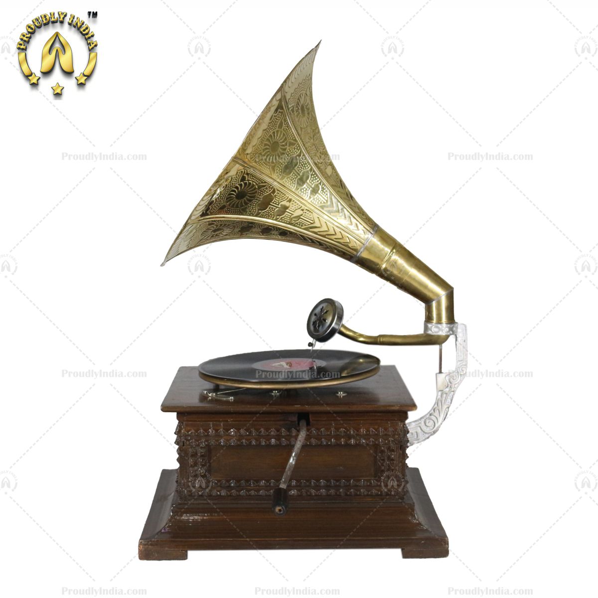 Wooden Bullet Carving Gramophone With Gold Horn