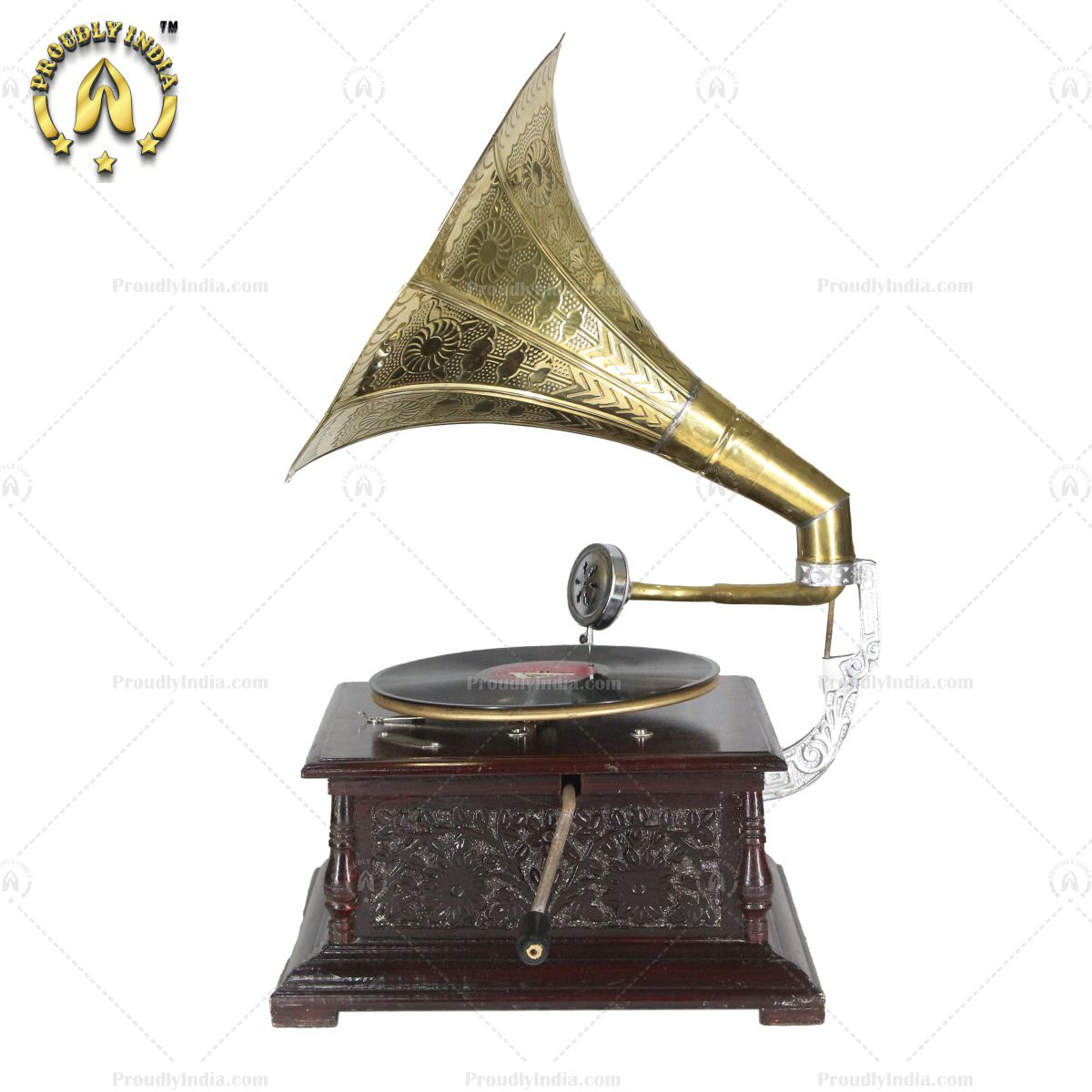 His Master Voice Floral Carved Gramophone Box With Horn