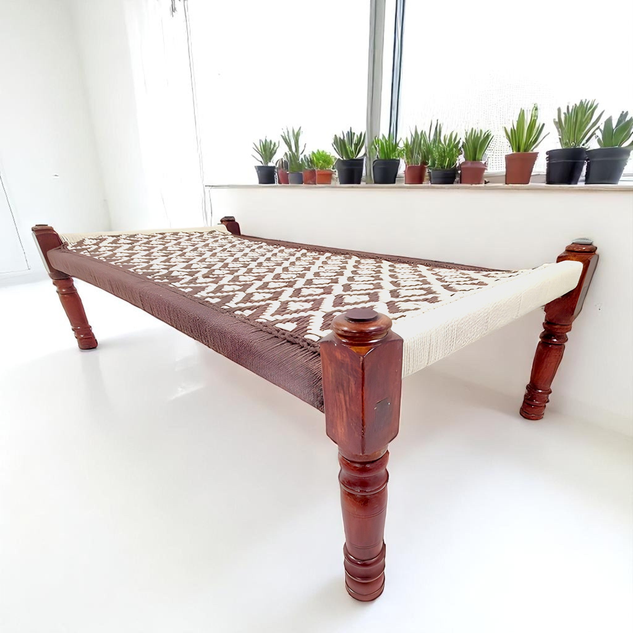 Brown and White Pattern Wooden Charpai