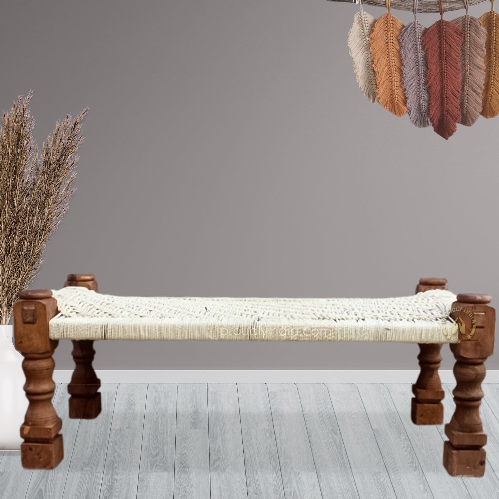 Leg Carved Classy White Wooden Bench