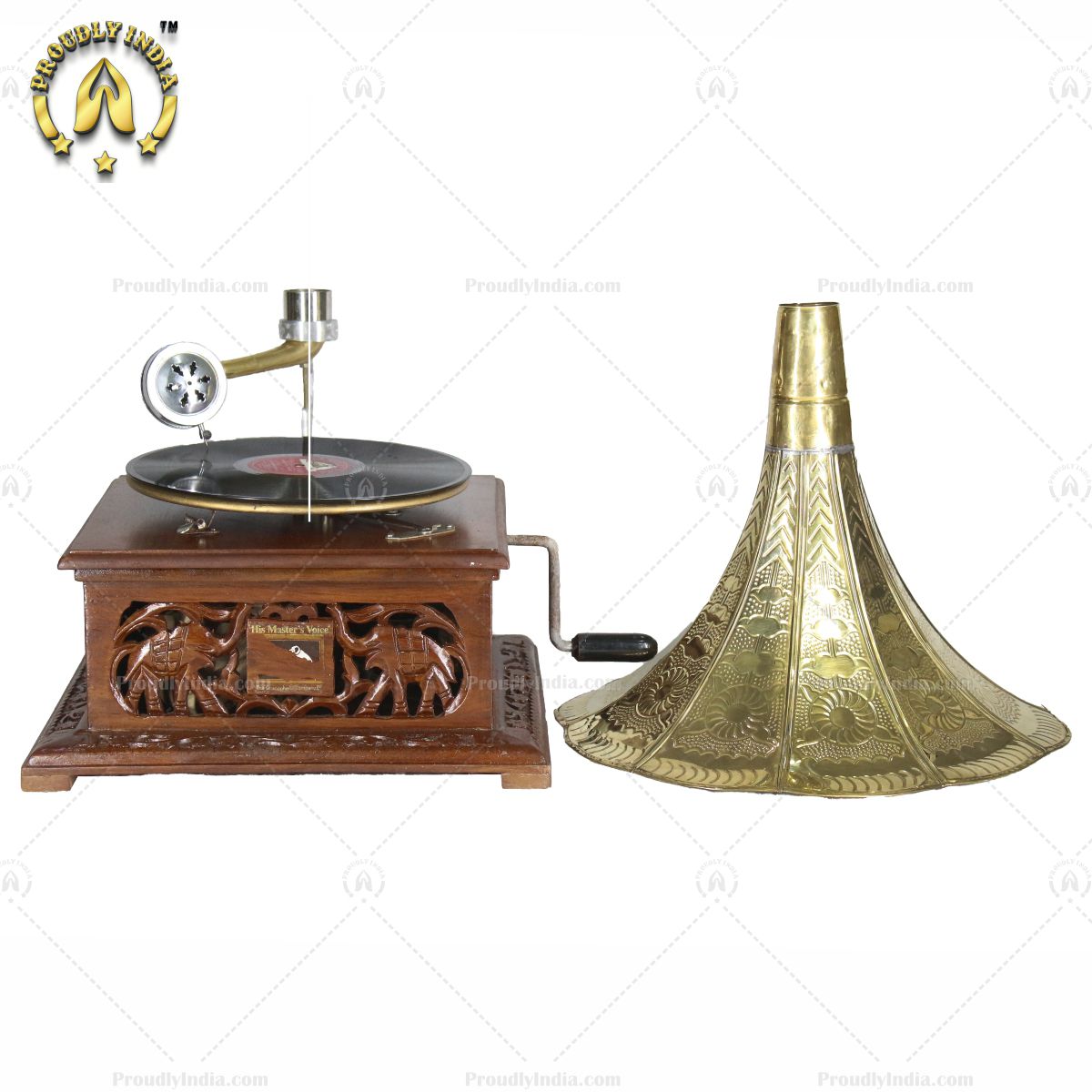 His Master Voice Elephant Carved Box Gramophone With Horn