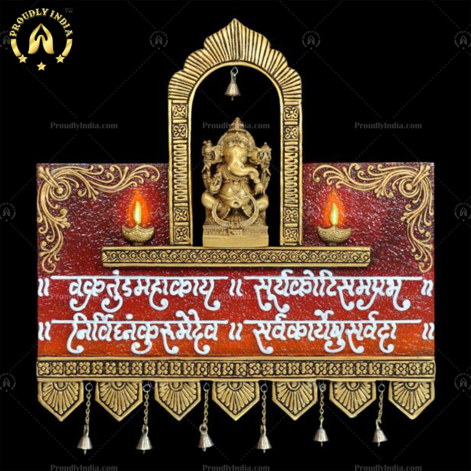 Ganesh Mural With Diya/Golden Deep Mural Ganesha/Wooden Golden Wall Hanging