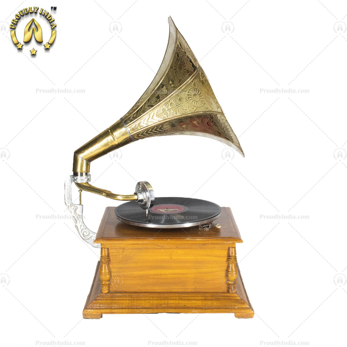 Retro Music Player Gramophone Oak Finish With Horn