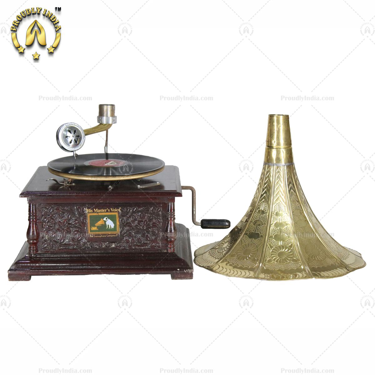 His Master Voice Floral Carved Gramophone Box With Horn