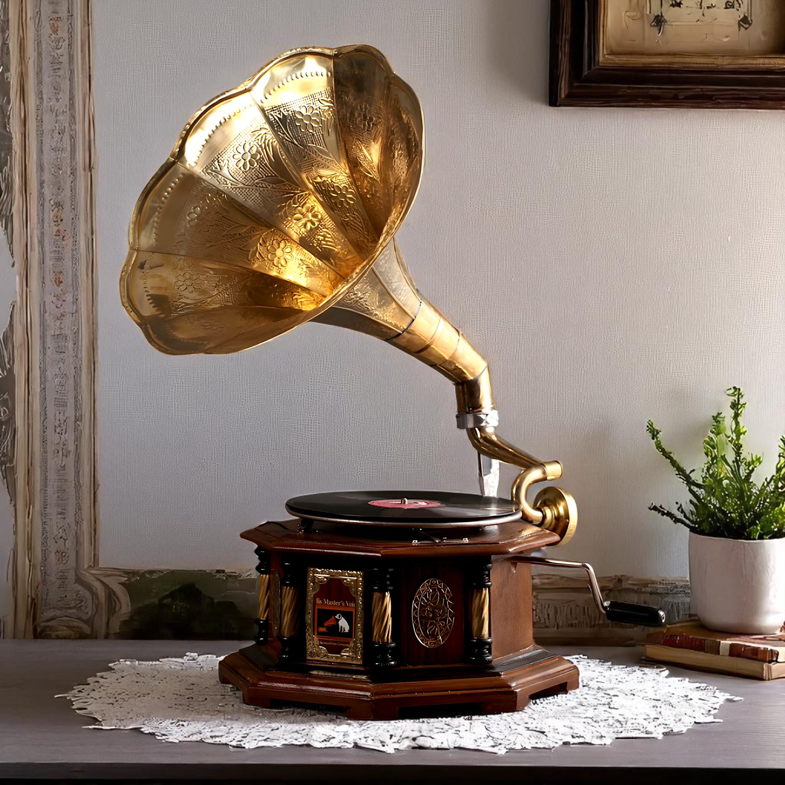 78 RPM Antique Gramophone With Brass Carved Horn