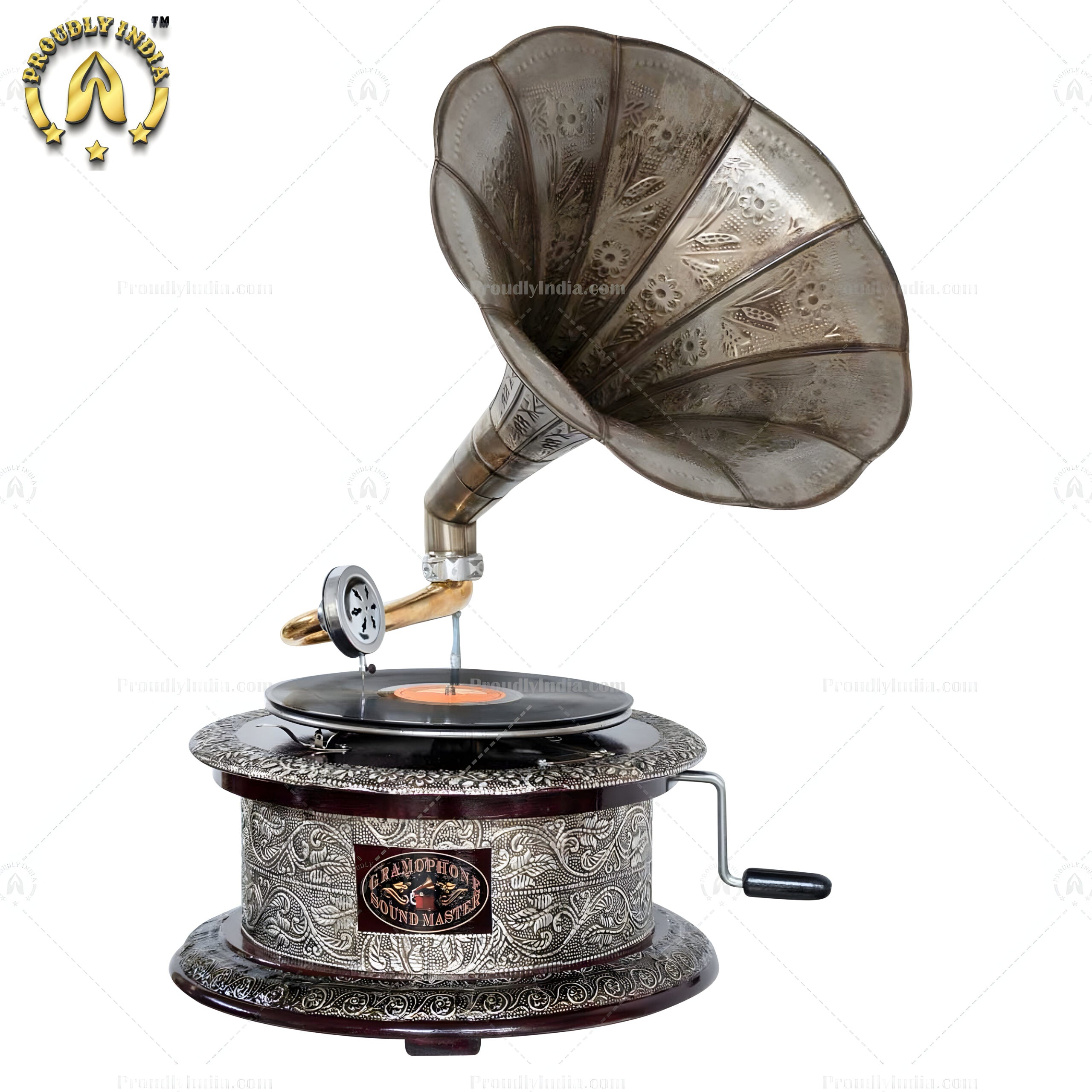 Silver Embossed Round Gramophone with Antique Textured Horn