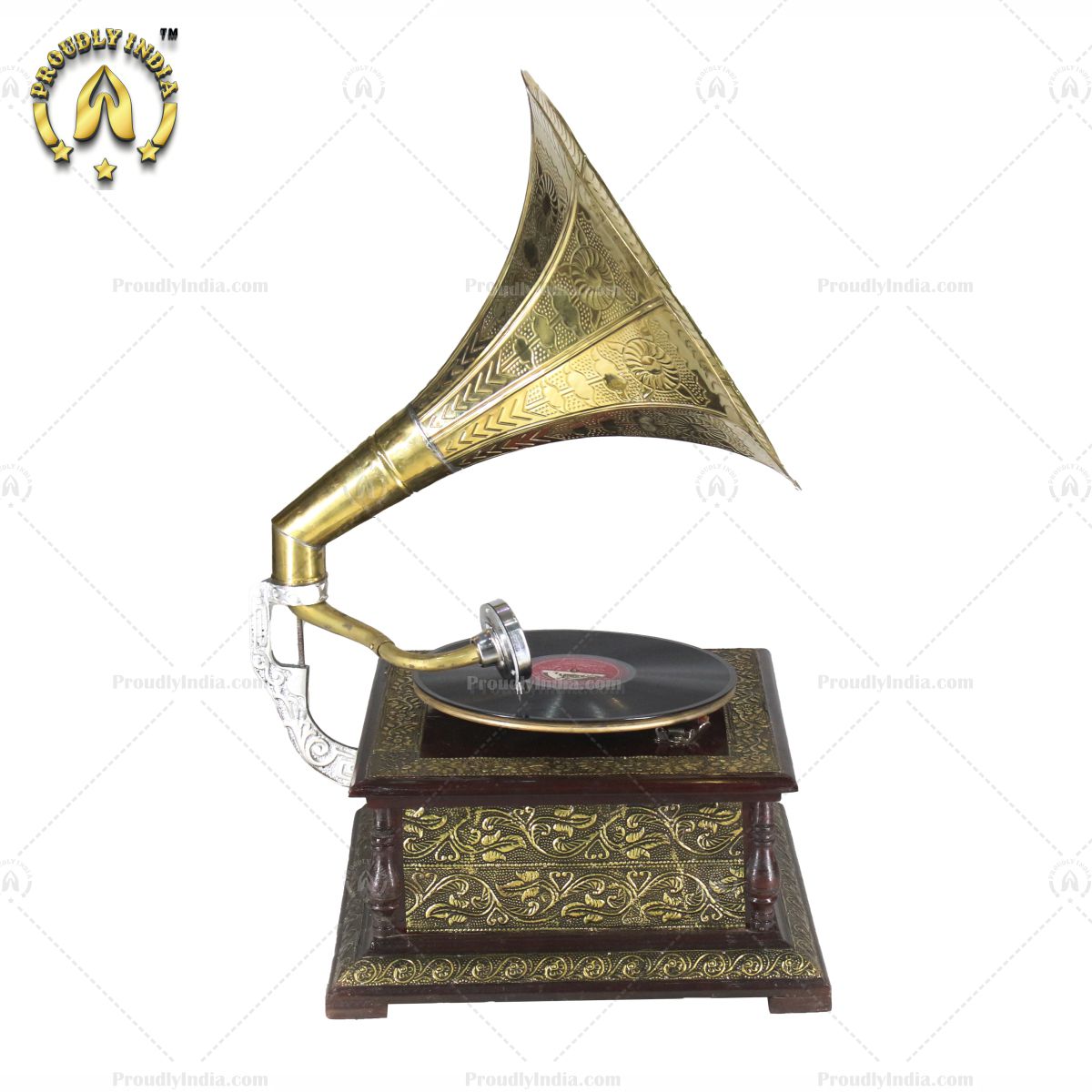 Vintage Music Player With Brass Engraved Horn