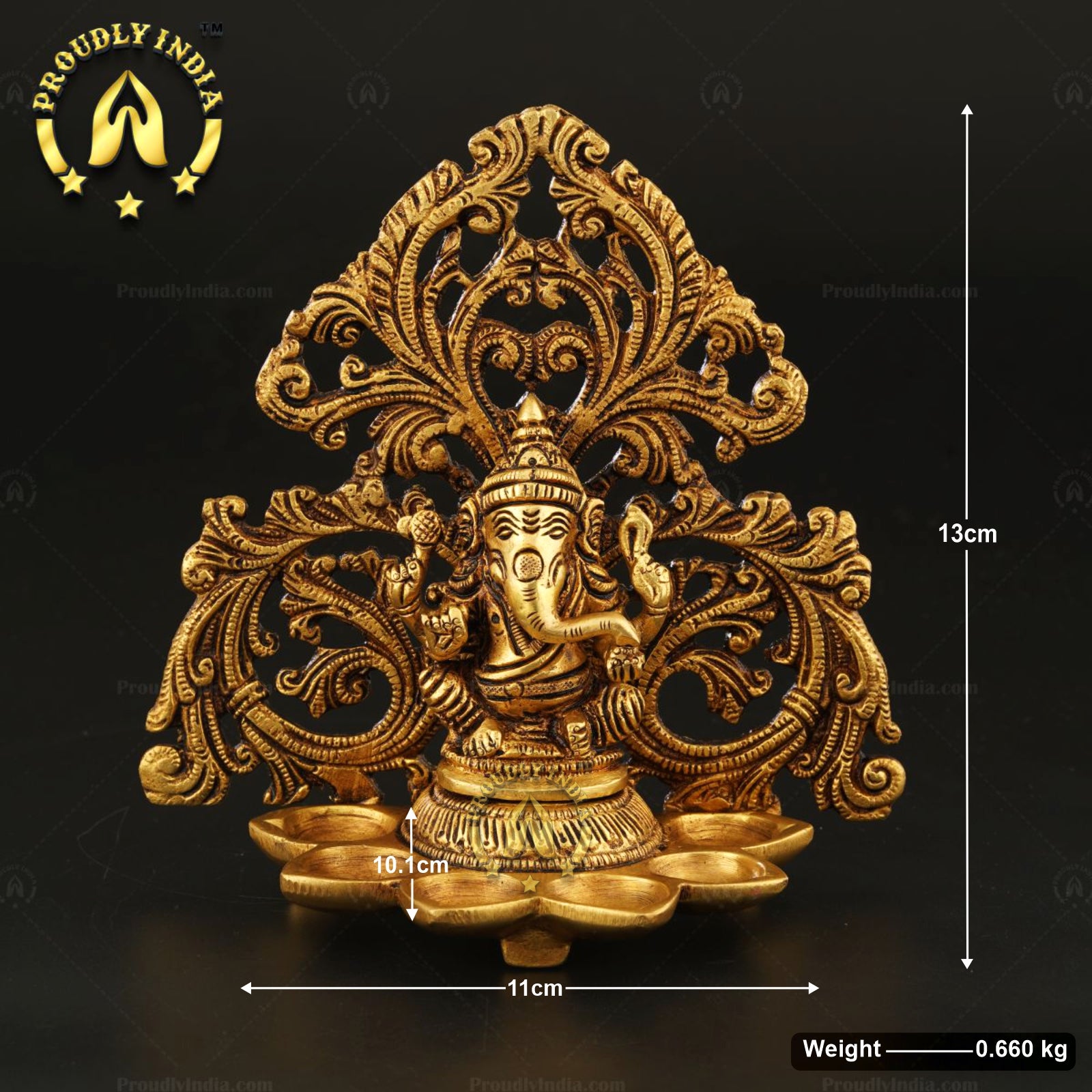 Traditional Lord Ganesha Brass Handcrafted Idol With 6 Diya Wicks