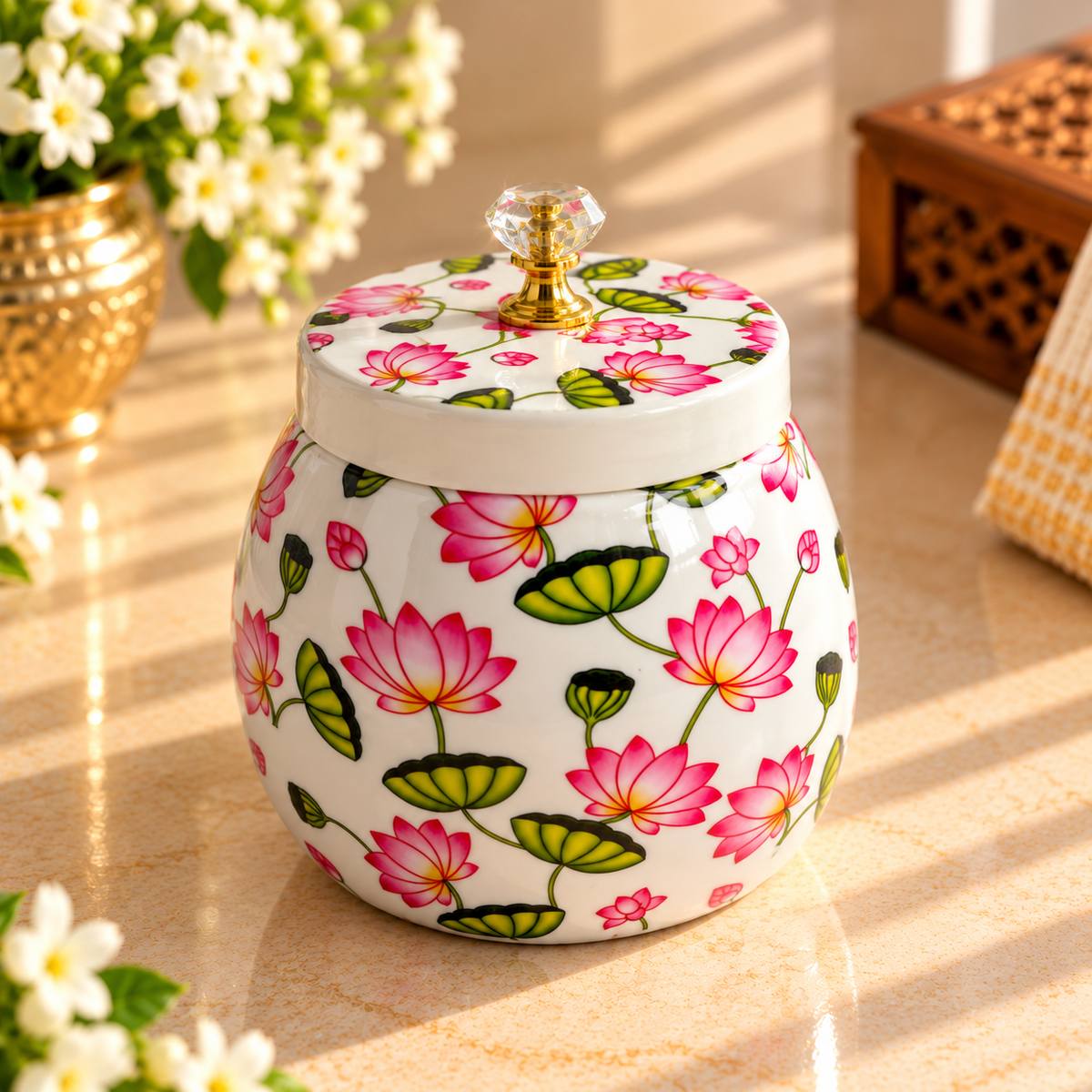 5" White Floral Pichwai Jar ( Set of 20 )