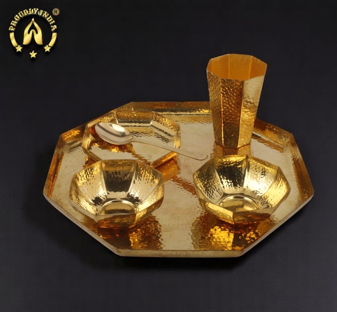 6 Piece Hexagon Brass Thali Set