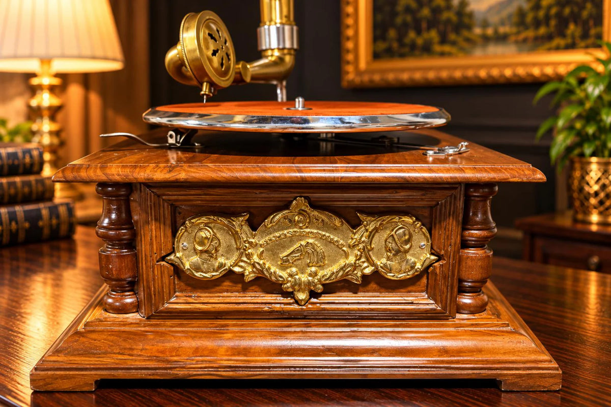 His MasterAntique Brass Design Gramophone Imperial Carved Wood