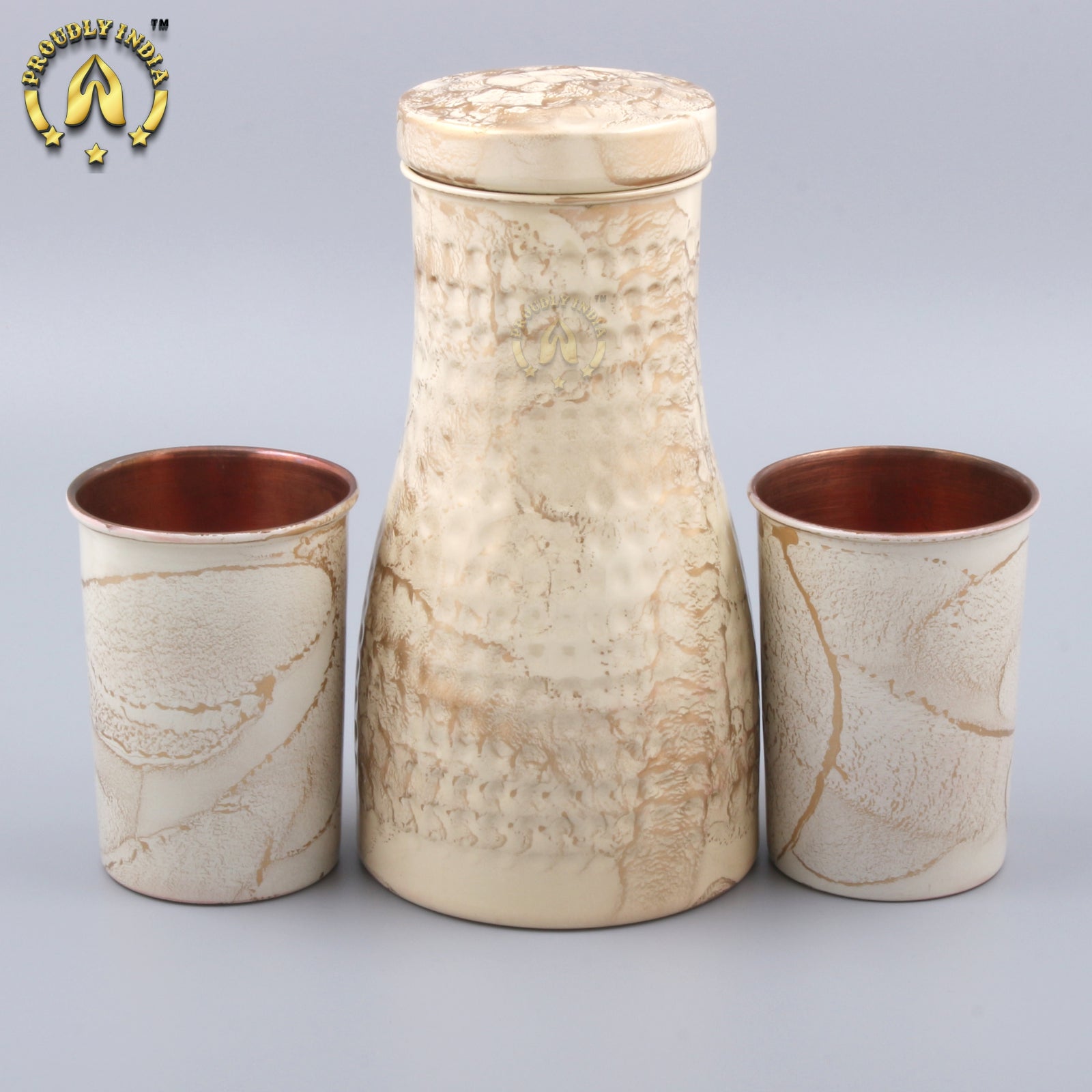 Copper White Enamelled Bottle With 2 Glasses