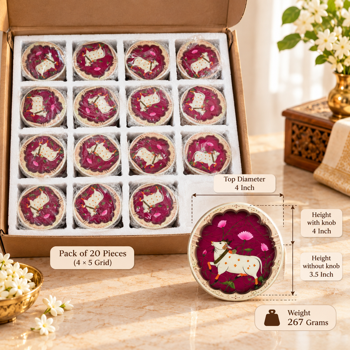 4" Maroon Pichwai Canister ( Set of 20 ) - Ready To Dispatch