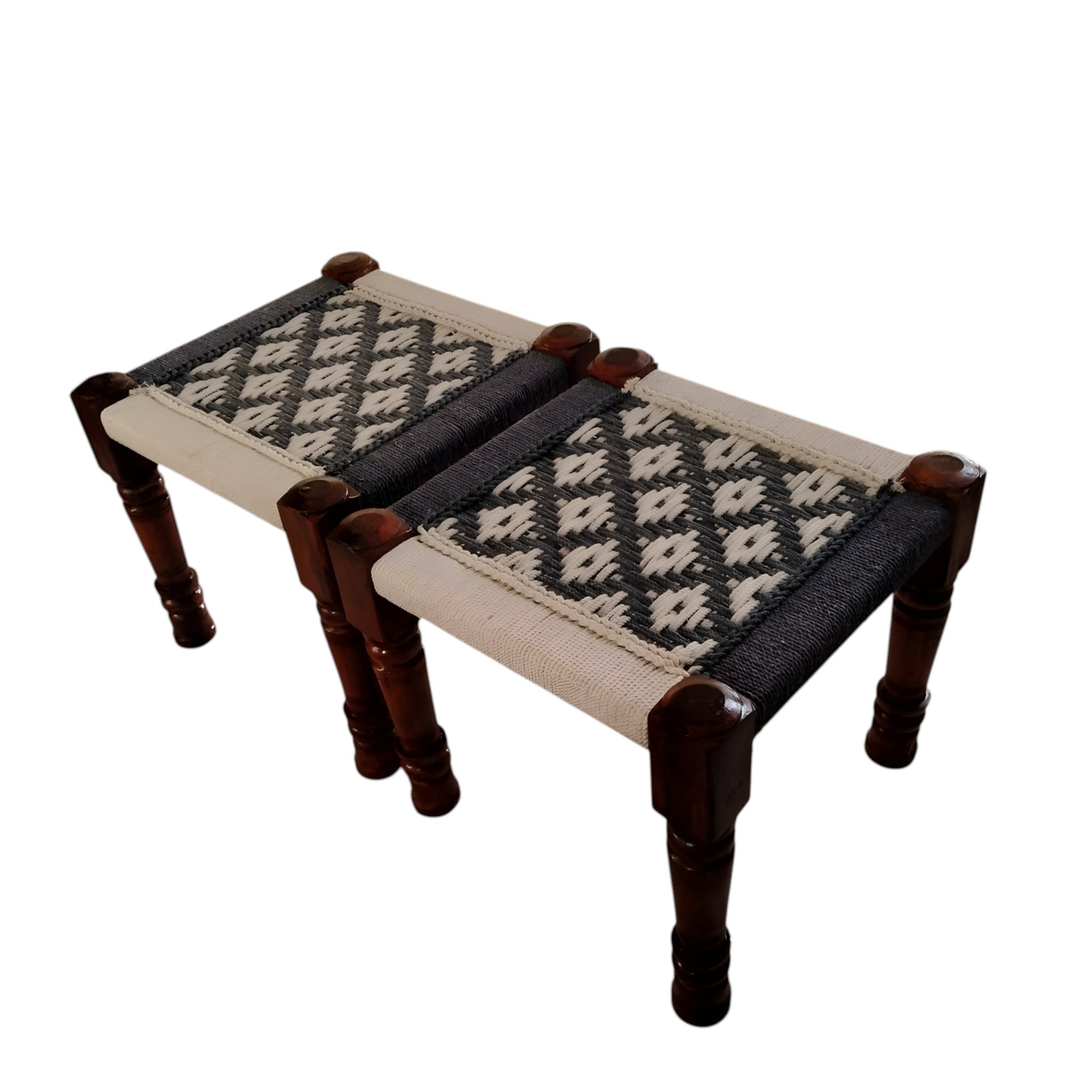 White and Black Rope Bench with Sitting Stools