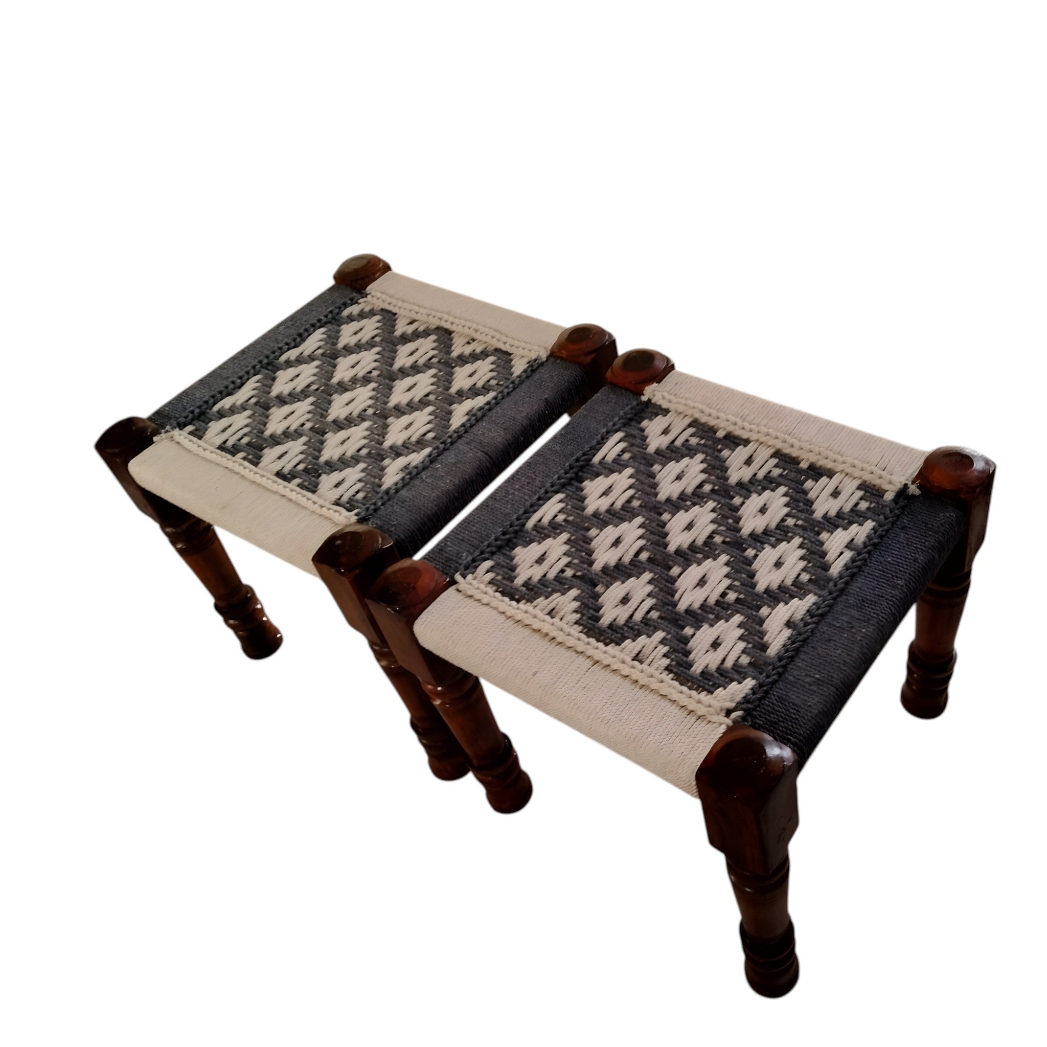 White and Black Rope Bench with Sitting Stools