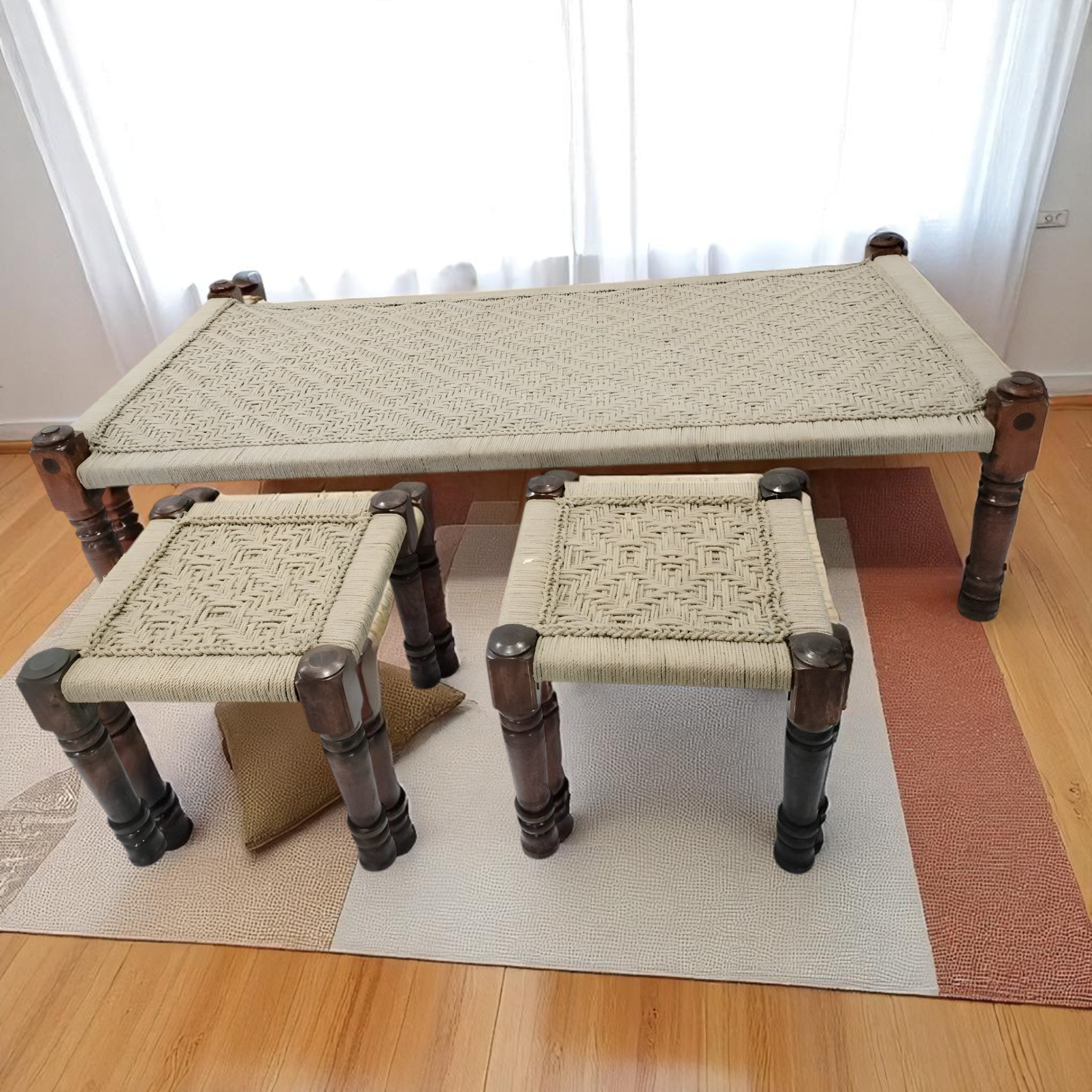 Handwoven Beige Rope Daybed with Sitting Stools