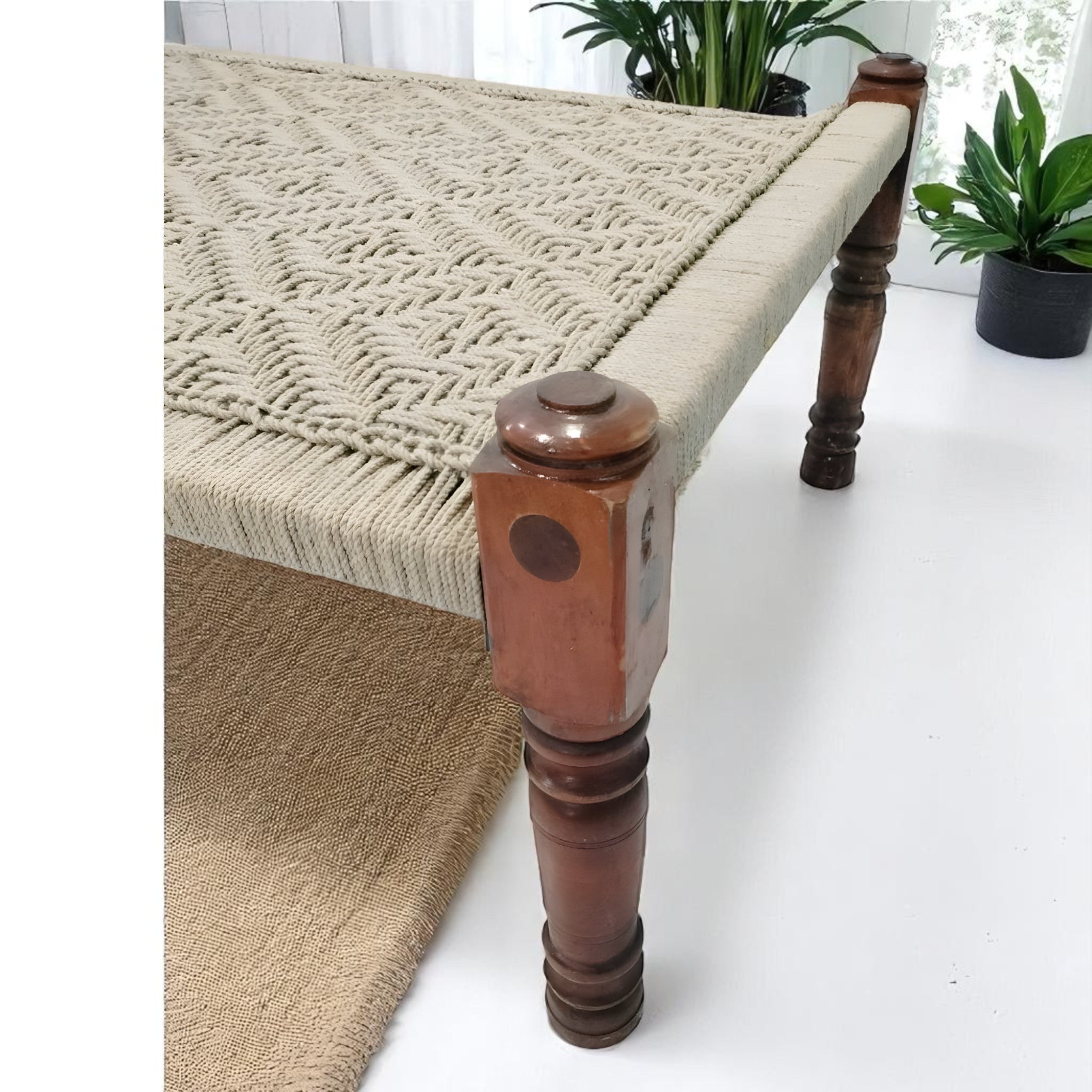 Handwoven Beige Rope Daybed with Sitting Stools