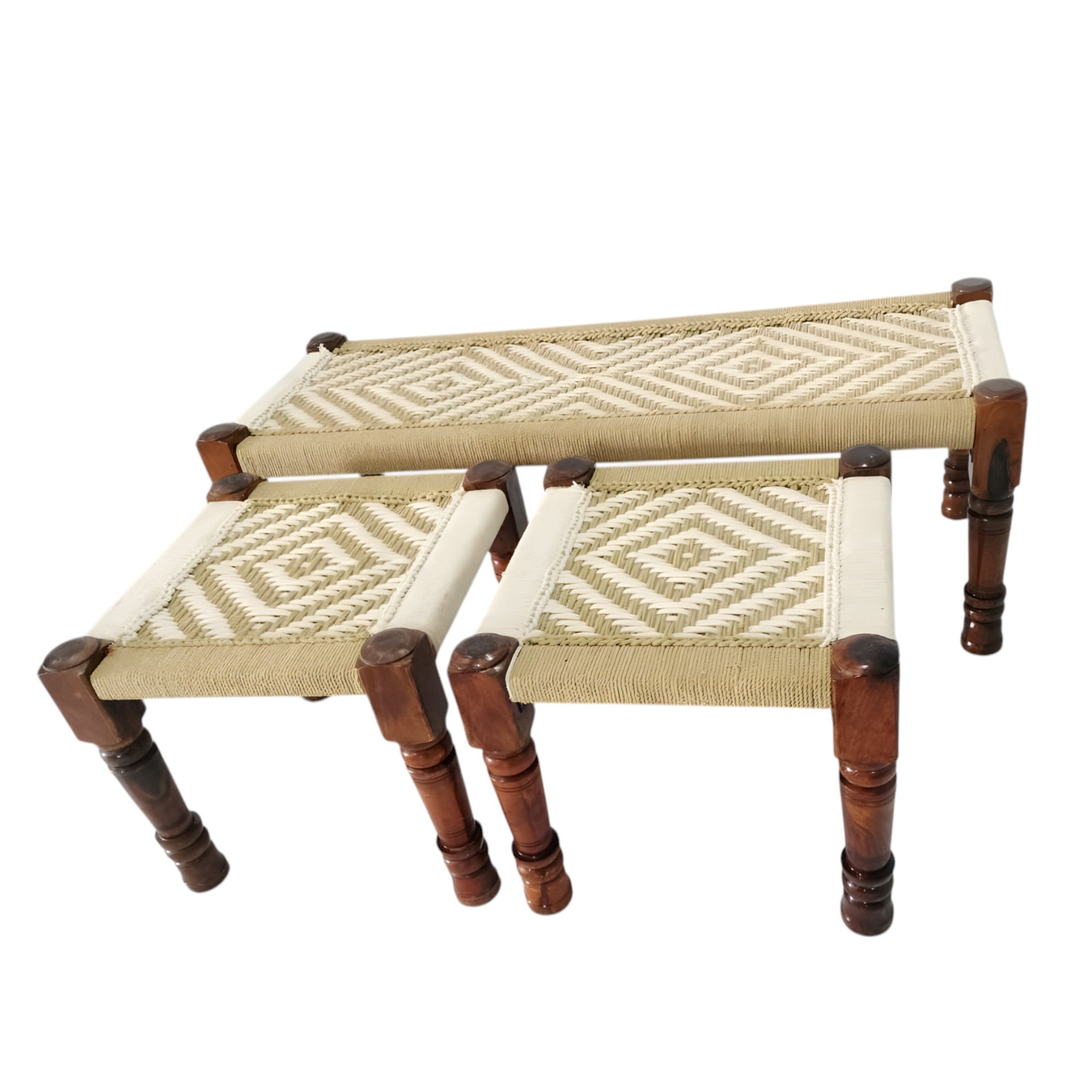 Handwoven Rope Bench with 2 Nested Stools