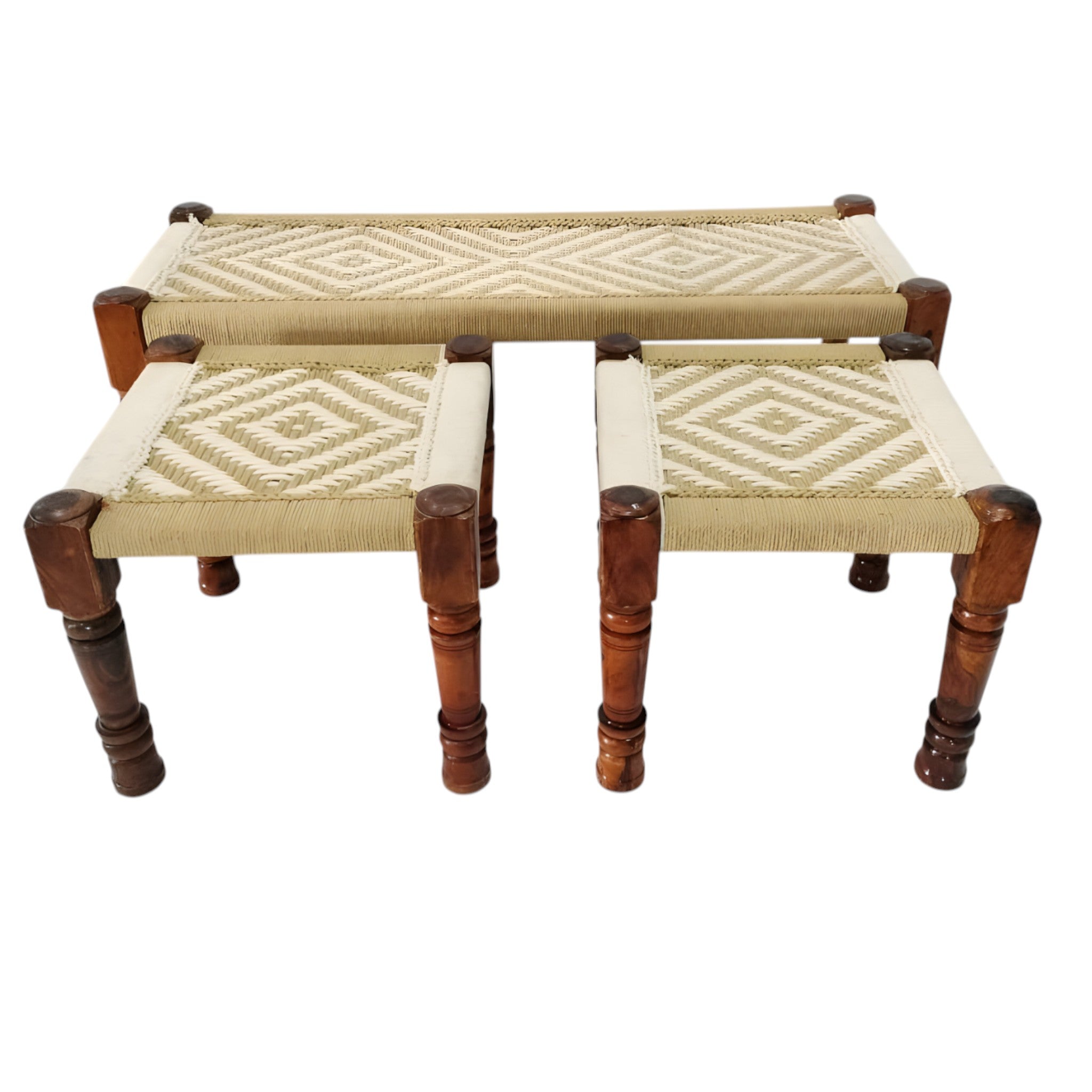 Handwoven Rope Bench with 2 Nested Stools