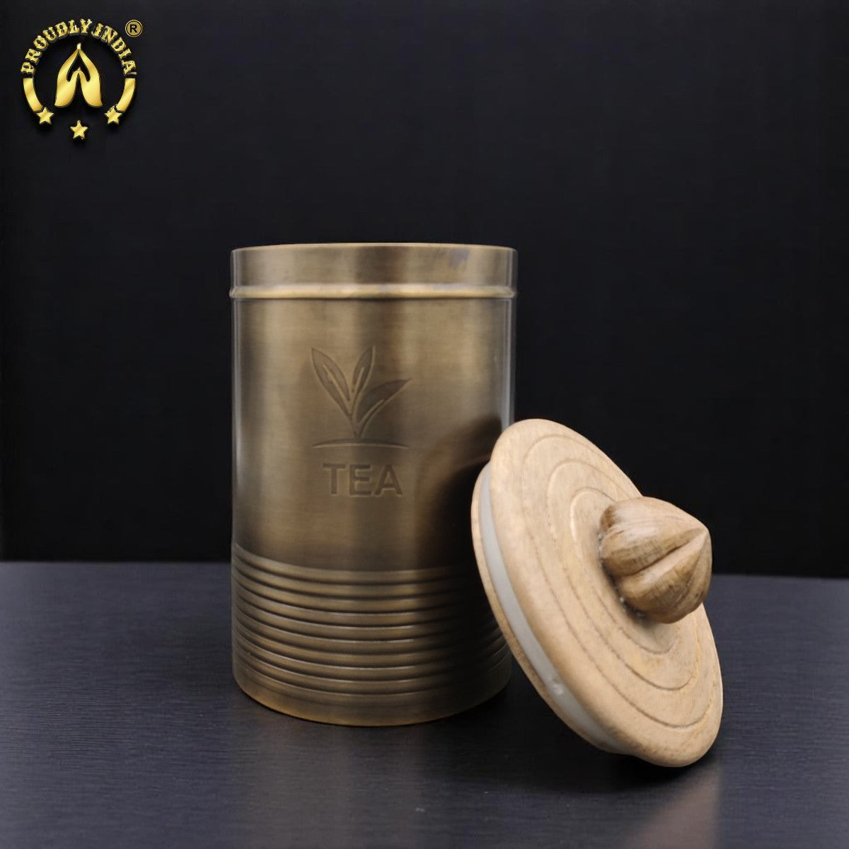 Set of 2 Brass Antique Finish Air Tight Storage Container With Wooden Lid