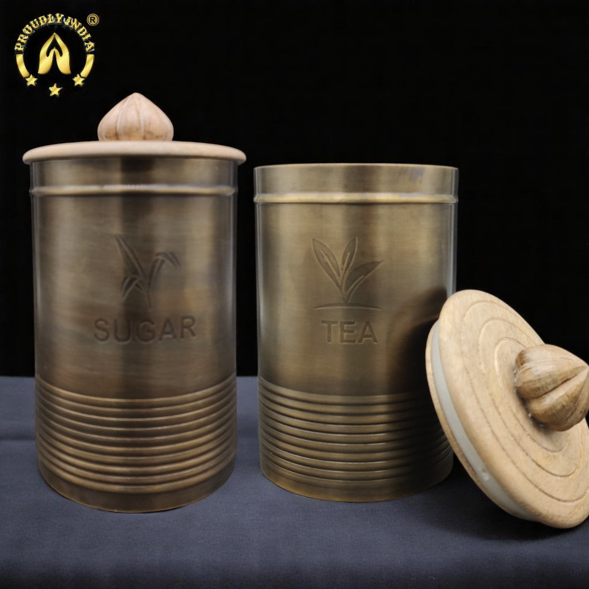 Set of 2 Brass Antique Finish Air Tight Storage Container With Wooden Lid