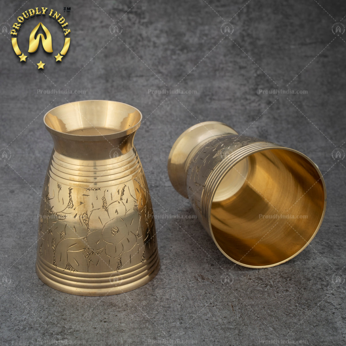 Set Of 2 Brass Engraved Glass