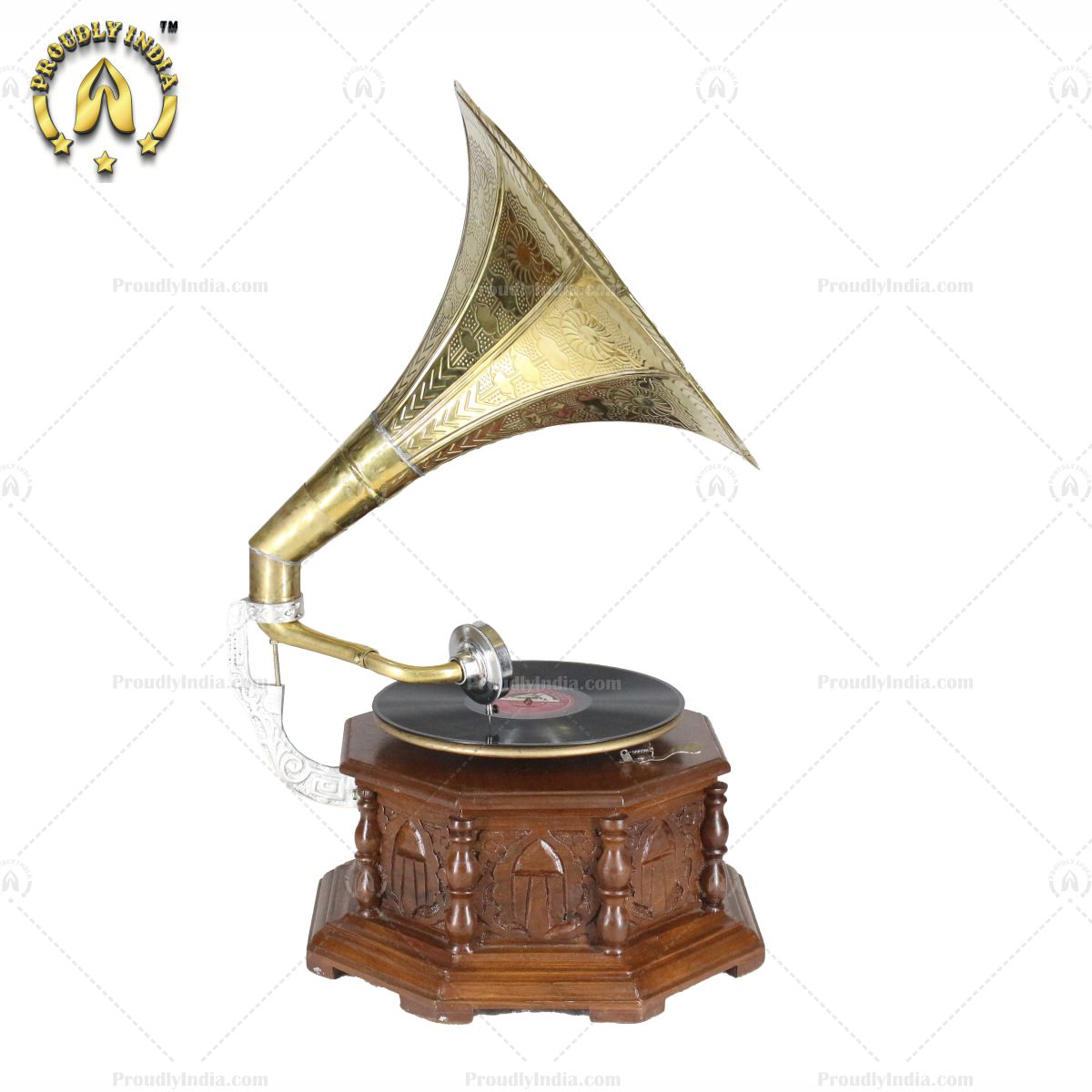 Vintage Music Player Octagon Carved Box With Gold Horn