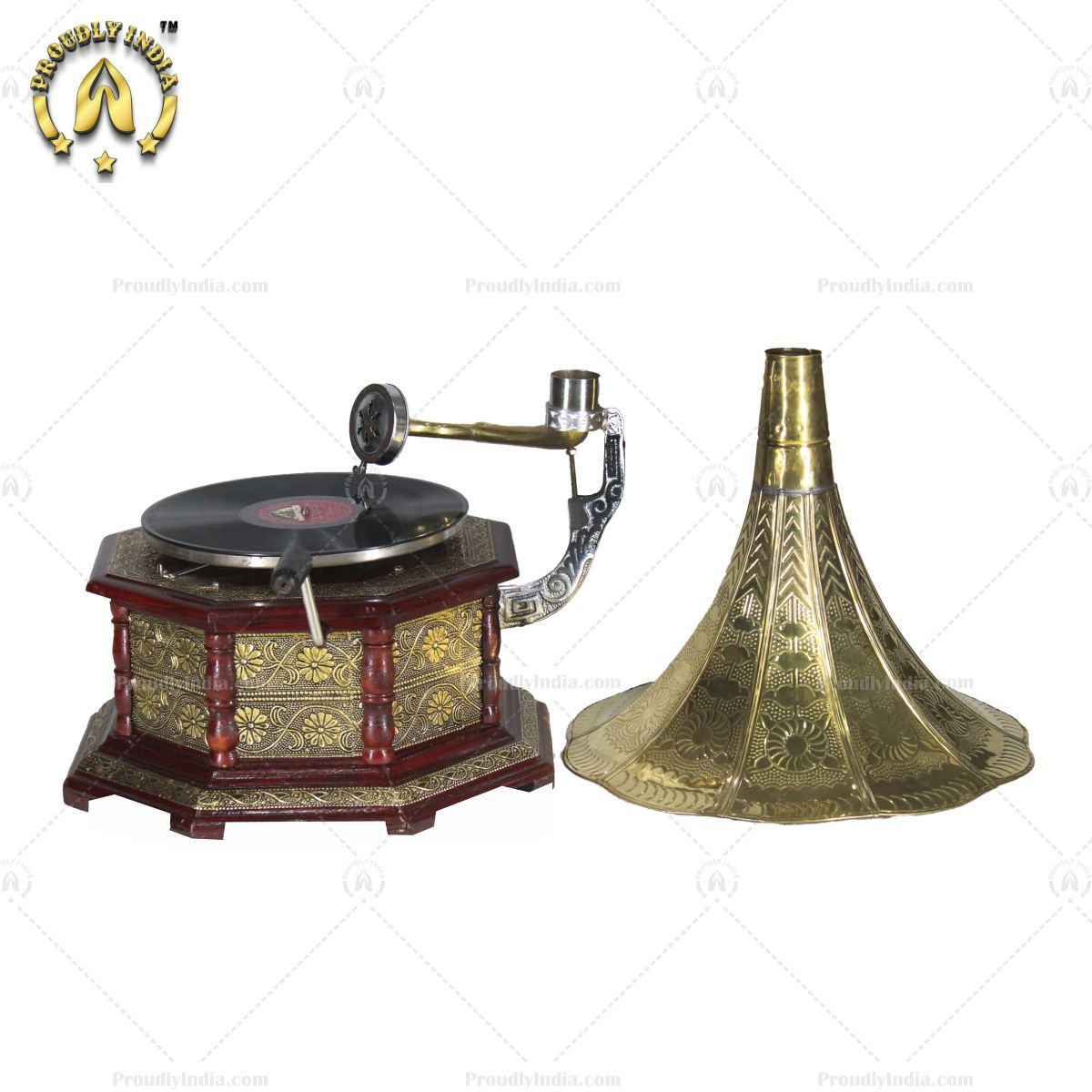 HMV Gramophone With Brass Floral Carving