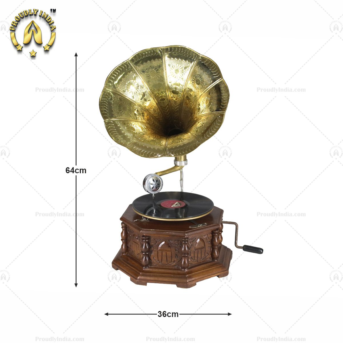 Vintage Music Player Octagon Carved Box With Gold Horn