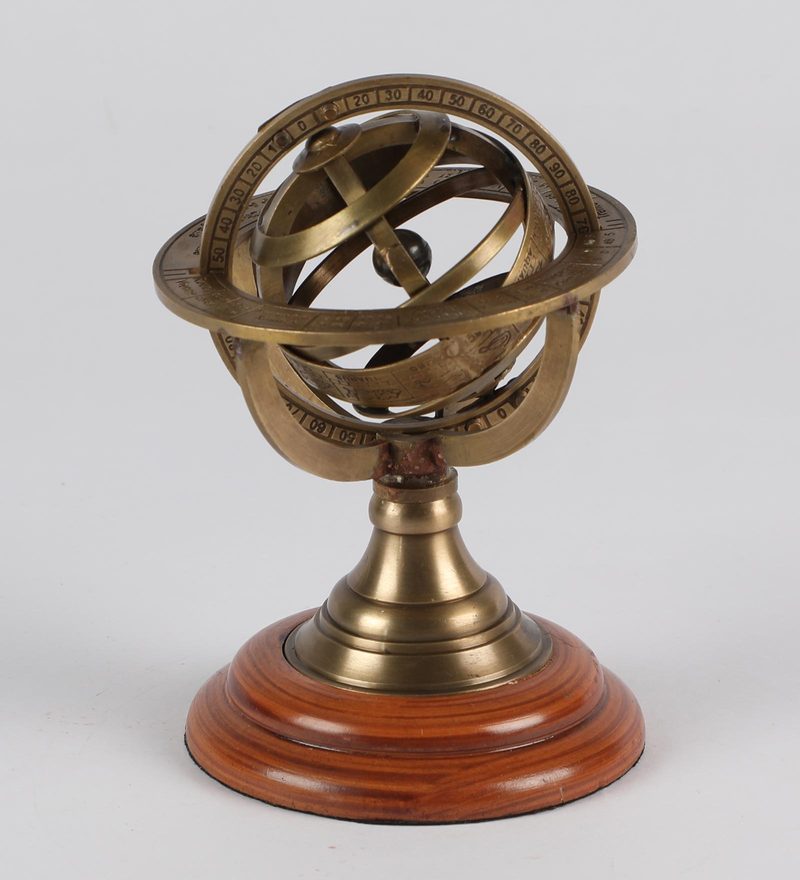 Brass And Wood Zodiac Sphere Show Piece