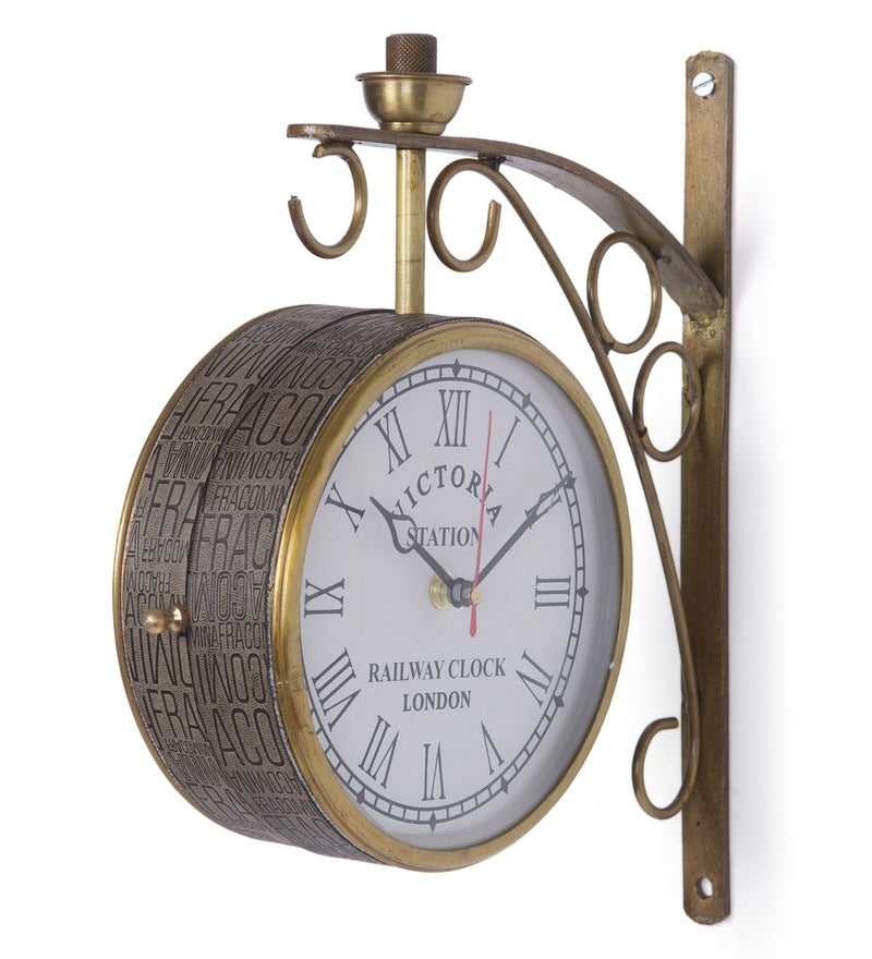 Gold Iron Leather Wrapped Words Embedded 6 Inch Dial Victoria Double Sided Platform Clock