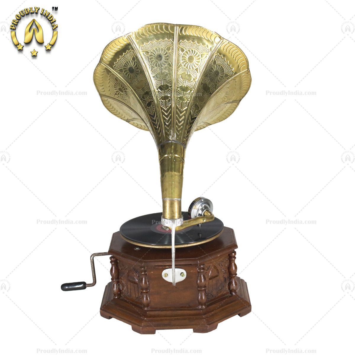 Vintage Music Player Octagon Carved Box With Gold Horn