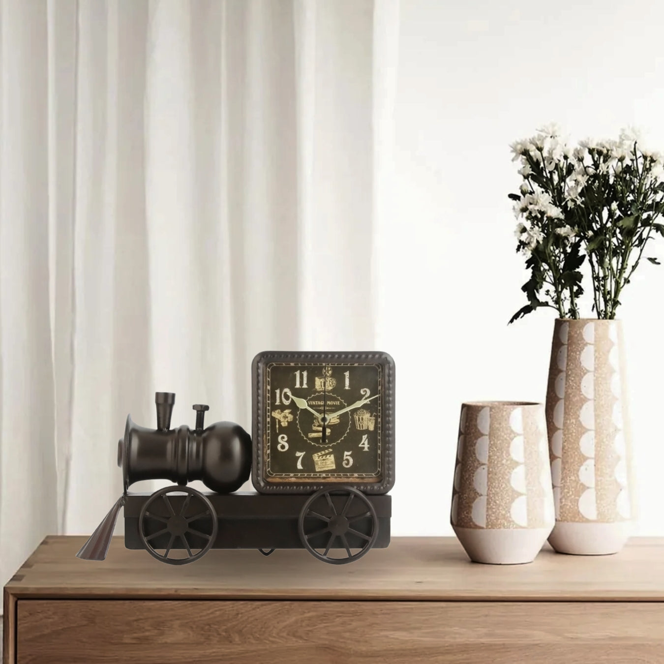 Black Iron Train Engine Model Table Clock