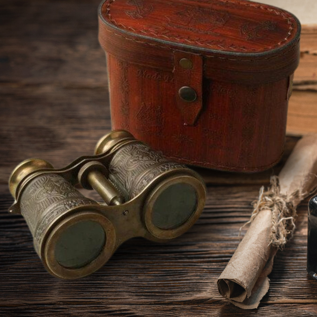 Brass Brown Binoculars With Leather Pouch