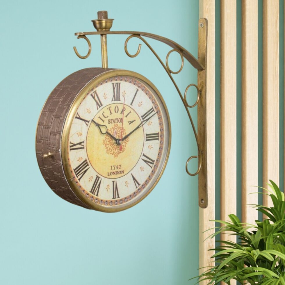 Brown Leather Wrapped 8 Inch Double Sided Platform Wall Clock