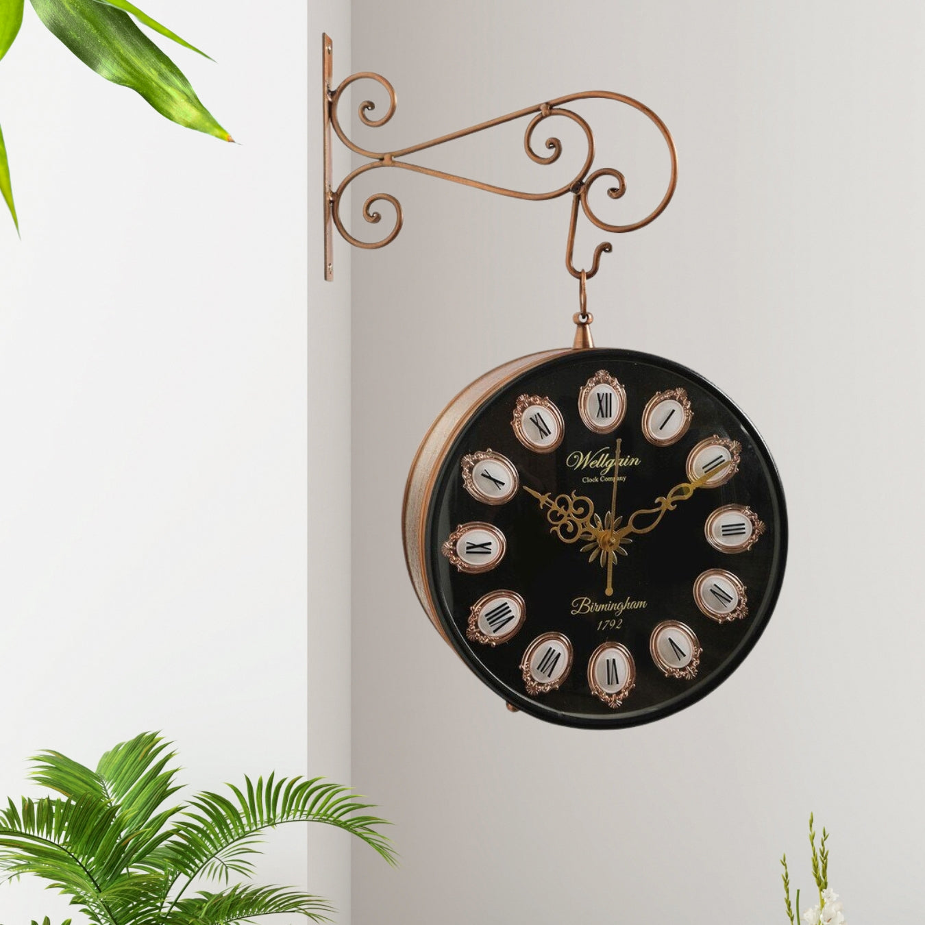 Brass Wrought Iron Antique Black Dual Side Victoria Wall Clock