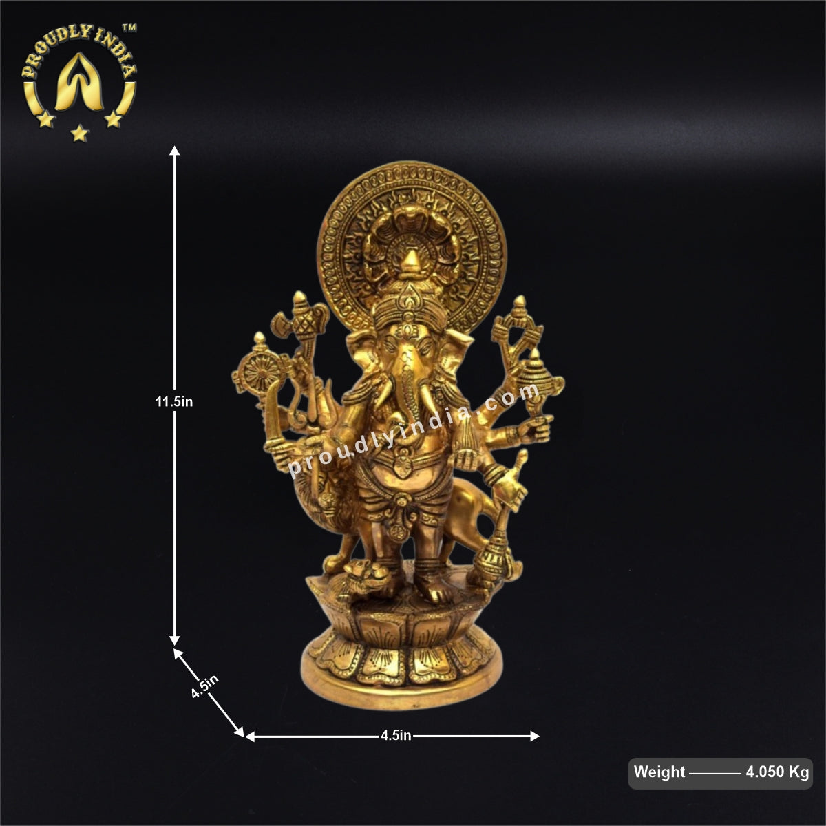 Brass Ganesha Standing With Lion Idol