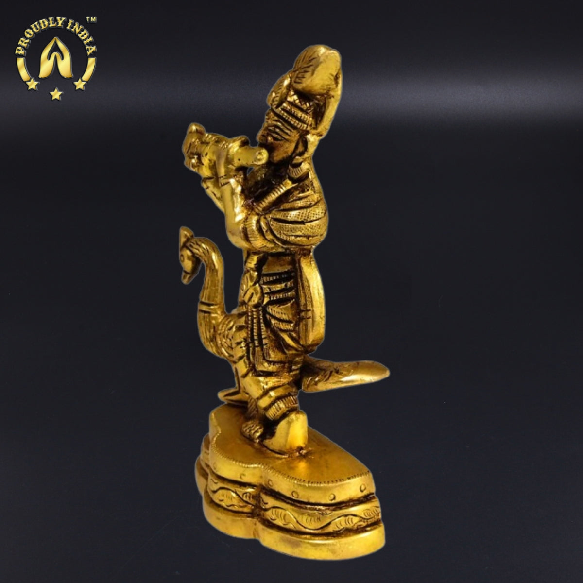 Brass Krishna Standing Whistling Flute With Peacock Statue