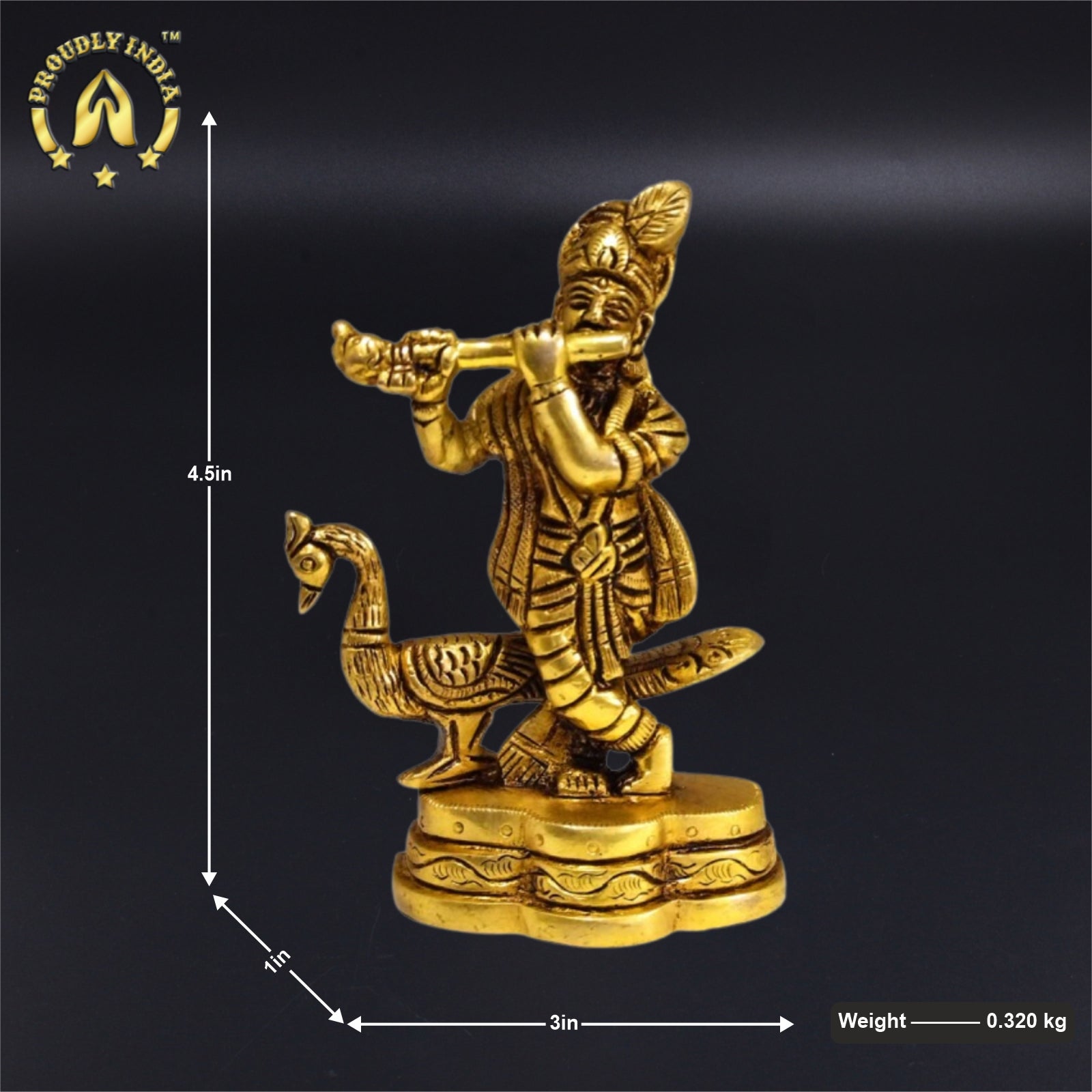 Brass Krishna Standing Whistling Flute With Peacock Statue