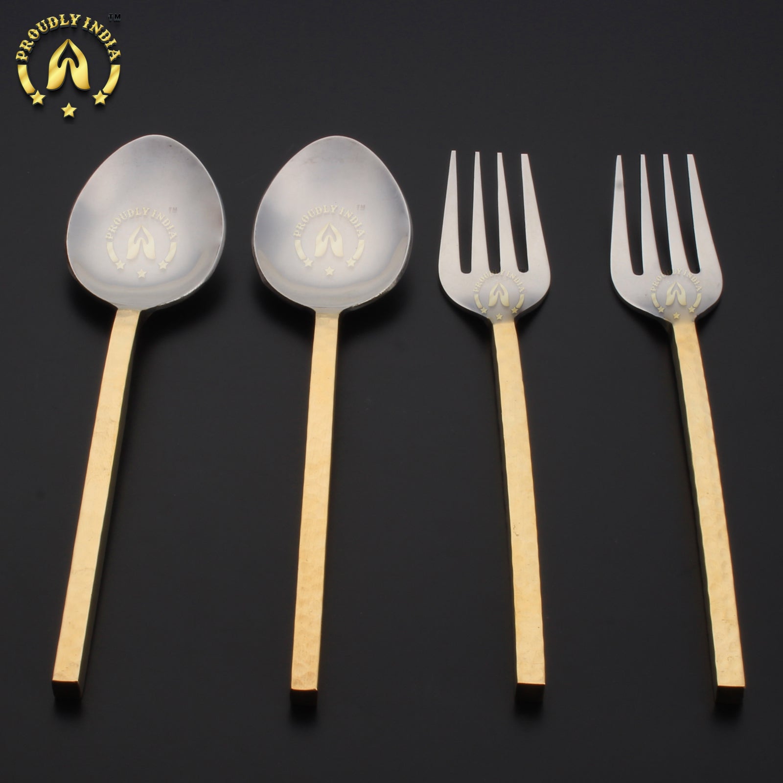 Set Of 8 Brass and Steel Flatware Cutlery Set