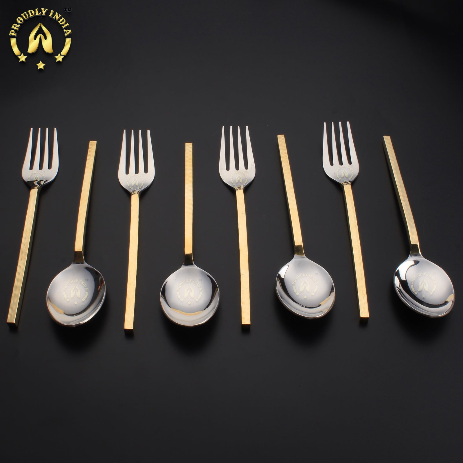 Set Of 8 Brass and Steel Flatware Cutlery Set