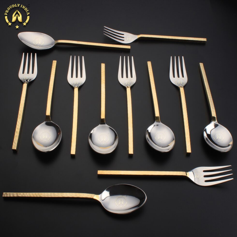 Set Of 8 Brass and Steel Flatware Cutlery Set